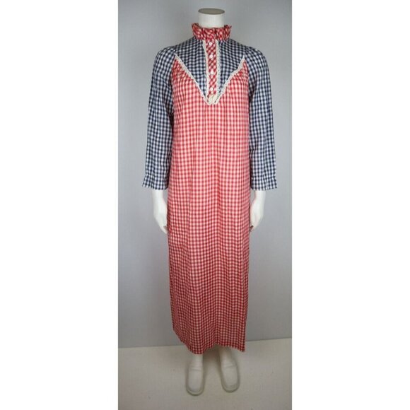 VINTAGE 1970s 70s WOMEN'S RED & BLUE PLAID NIGHTGOWN - CHERRI LYNN - SMALL - Picture 2 of 8